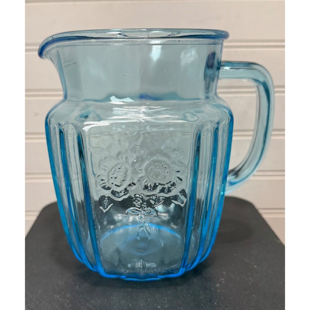 Anchor Hocking Mayfair Open Rose iced Blue Color 6”  32oz Small Pitcher GLOWS